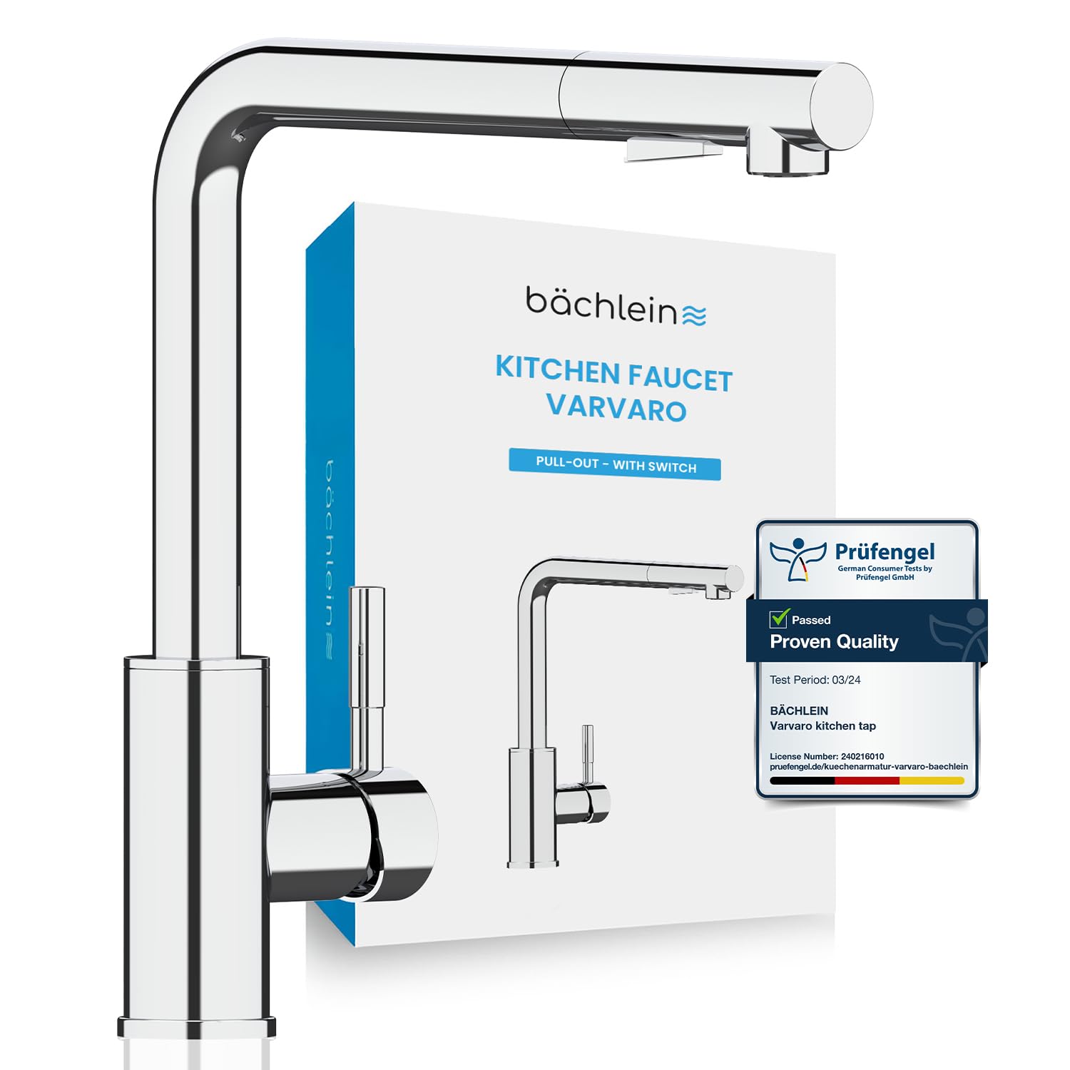 Bächlein Varvaro 360 Degree Swivel Kitchen Faucet (Chrome) Stainless Steel Sink Mixer Tap with Extendable Hose and Hand Shower with Switch