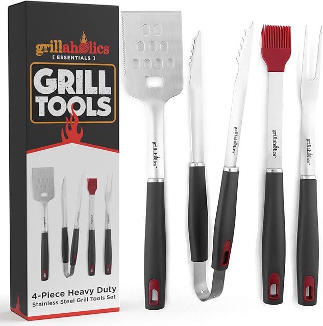 Grillaholics BBQ Tools Set - 4-Piece BBQ Grill Tools Kit - Heavy Duty Stainless-Steel Barbecue Grilling Utensils - Premium BBQ Accessories for Barbecue - Spatula, Tongs, Fork, and Basting Brush