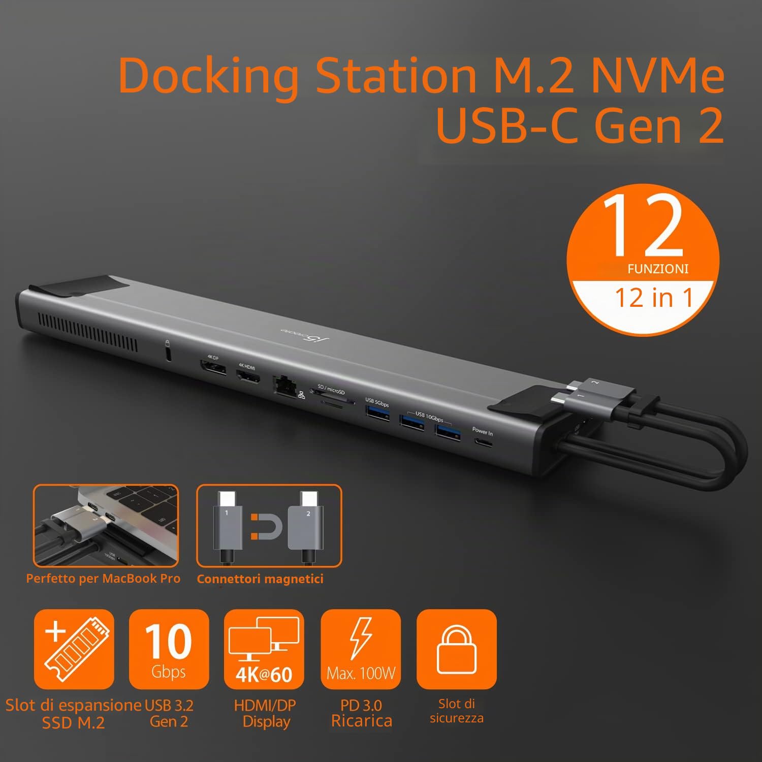 j5create USB C Dual 4K 60Hz Display Docking Station (12-in-1), alloggiamento SSD M.2 NVMe integrato, HDMI, DisplayPort, USB-A 10Gbps, lettore di schede, PD 100W, per Mac Pro, laptop Windows (JCD552)