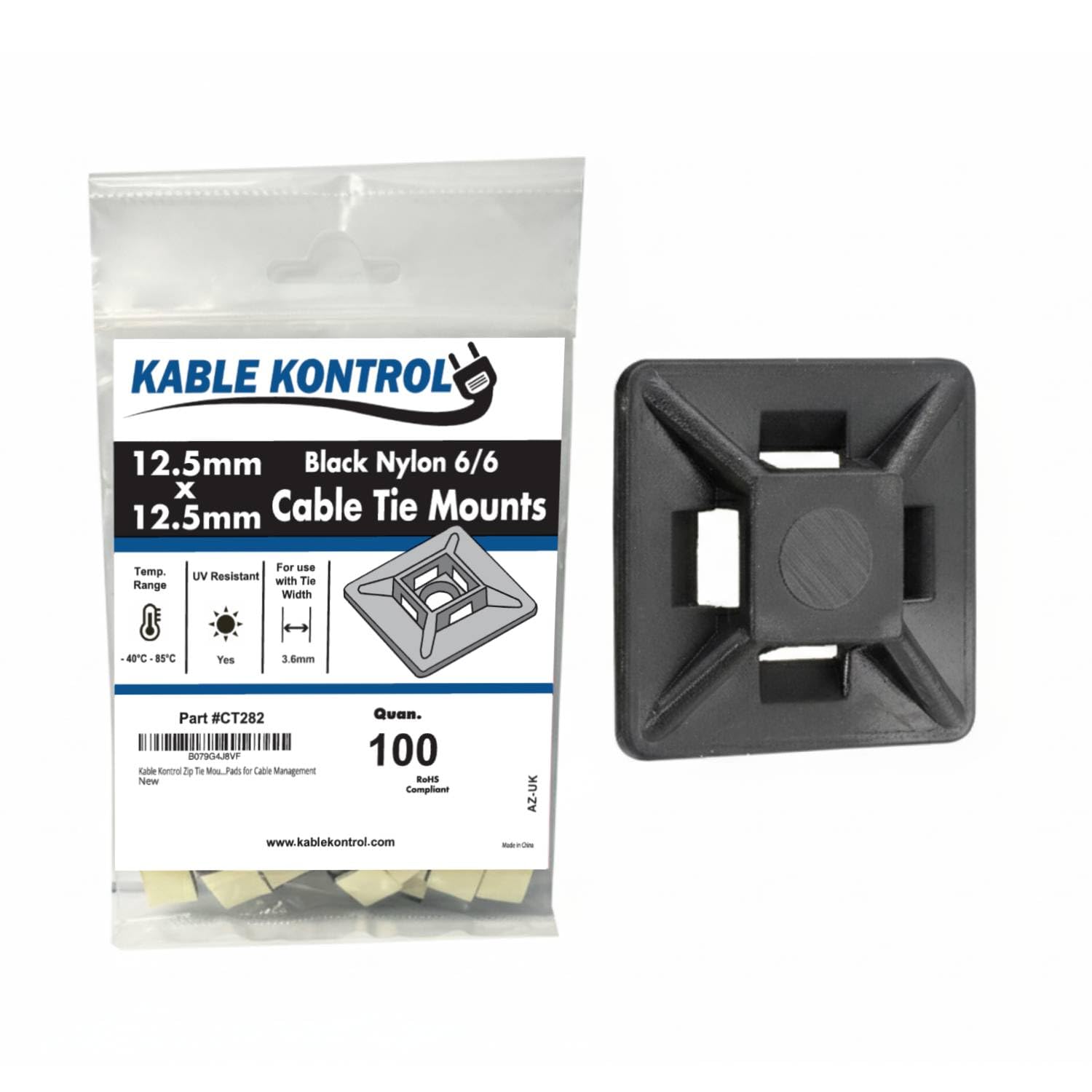 Kable Kontrol Black Zip Tie Bases, 12.5 mm x 12.5 mm, Pack of 100 Cable Tie Adhesive Mounts Self Adhesive Mounts Multi-Purpose Zip Ties Bases, Cable Holder Sticky Pads - Black