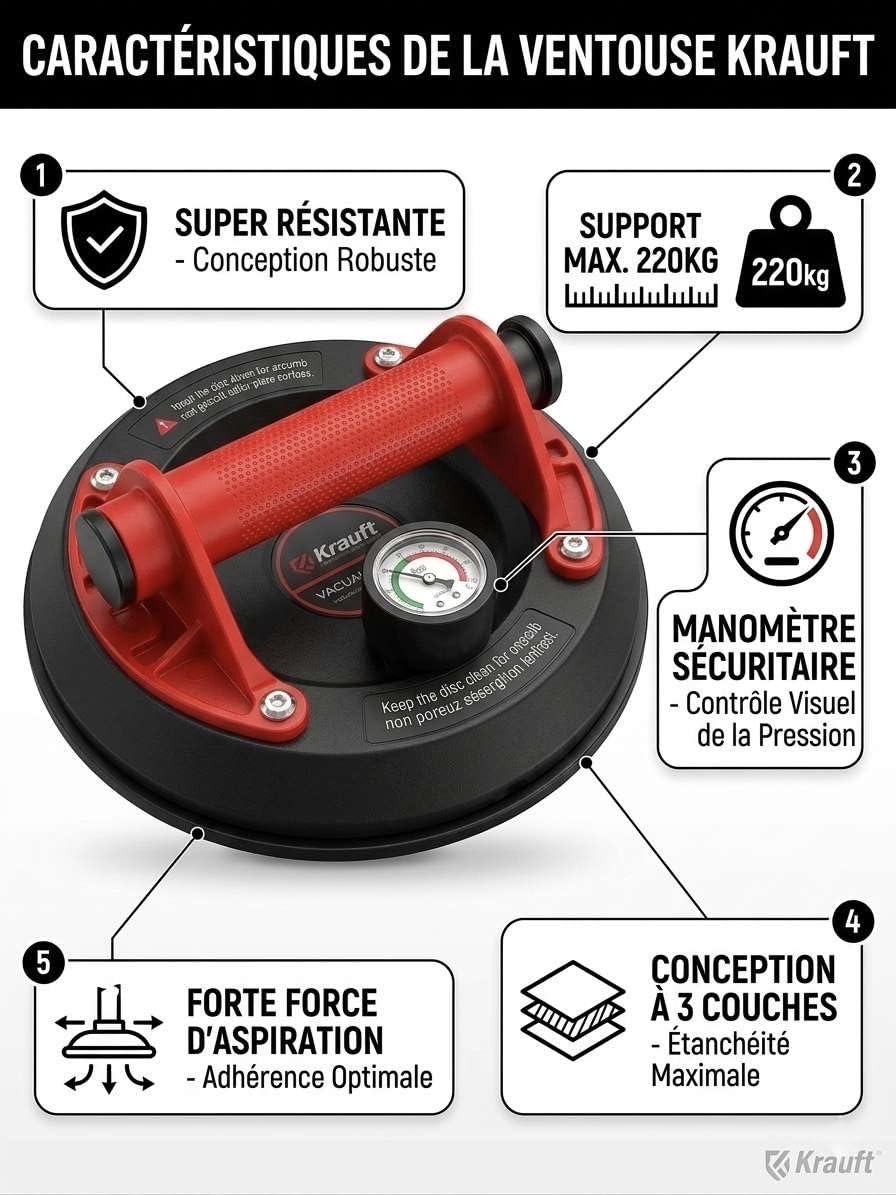 Ventosa per piastrelle e vetro, portata massima 220 kg / 480lbs/480 kg, per lastre, arenaria in ceramica e parabrezza, ventosa industriale per finestre, vetro, piastrelle, granito, utensili con