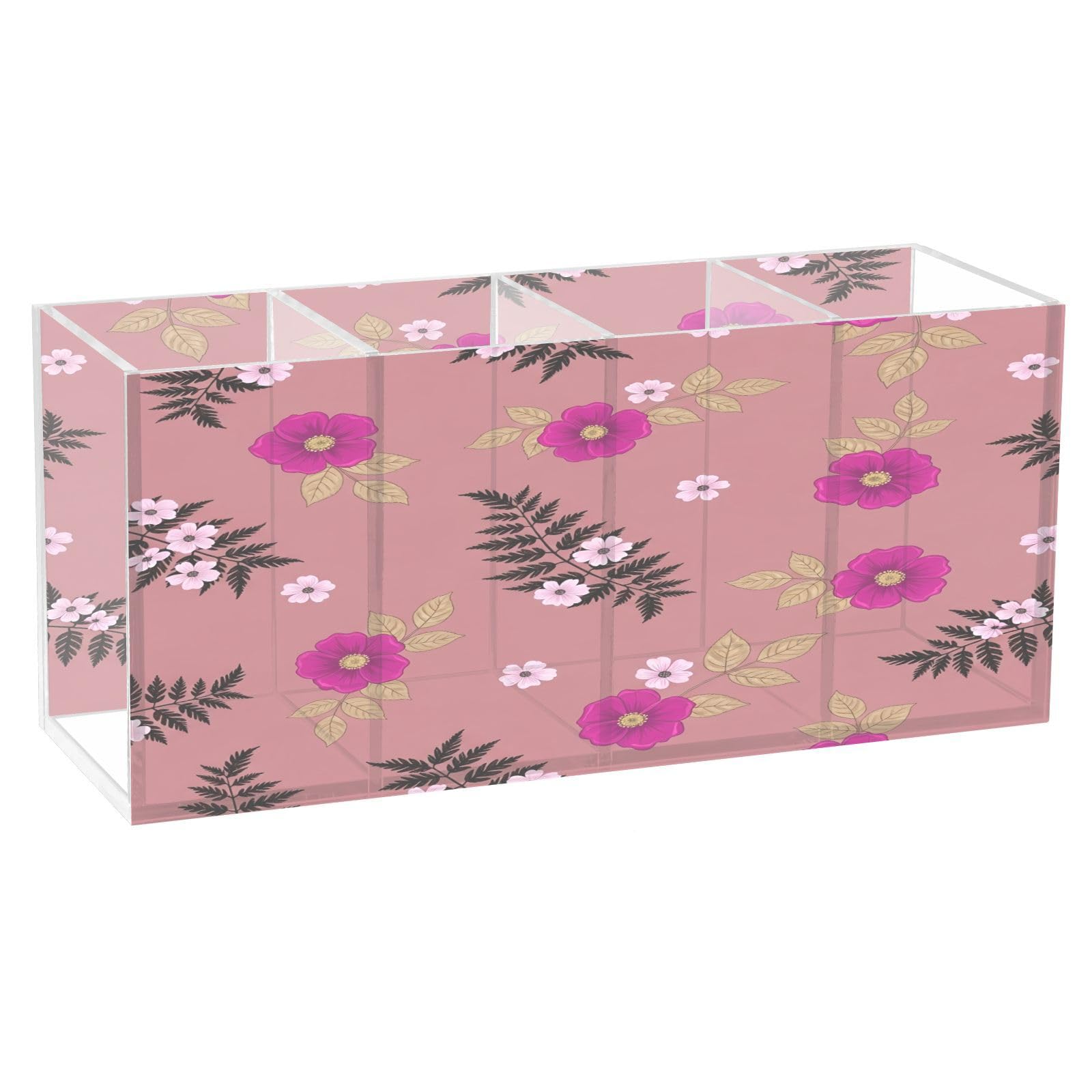 Ttgoth Floral Acrylic Pencil Holder for Desk 4 Compartments Pen Pot Makeup Brushes Holder Stationary Organiser for School Office Supplies, 20x6.3x9cm