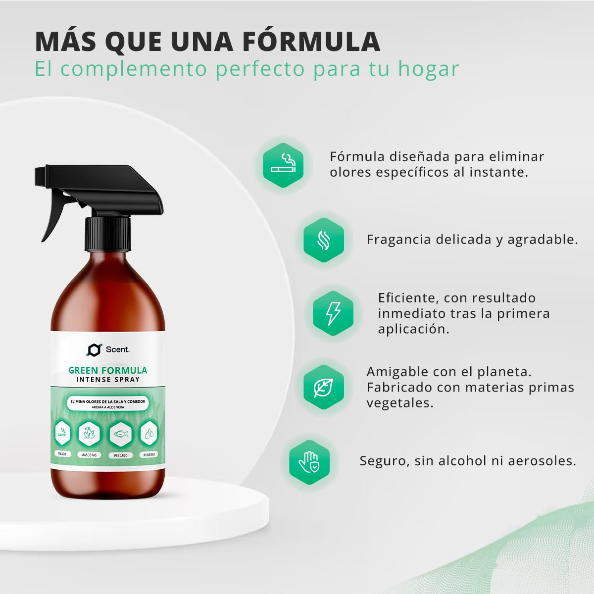 Neutralizador líquido de Olores Multiusos Spray - Fórmula Green - Ideal para eliminar el olor a humedad, mascotas, pescado, comida…, entre otros - Aroma Aloe vera - 250 ml - SCENTECHNOLOGIES