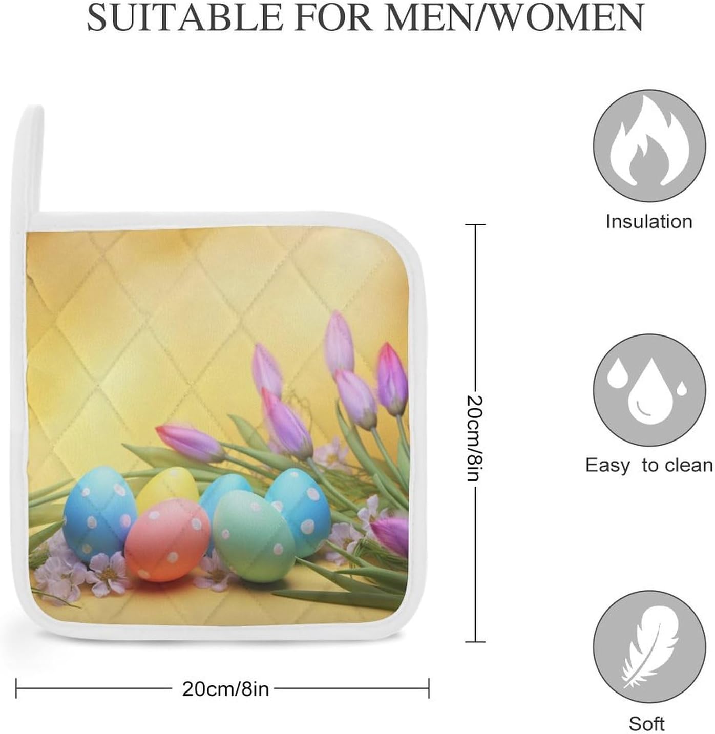 Square Potholders 2-Piece Set,April Easter Printed Kitchen Insulation Mats Heat-Resistant Non-Slip Insulation Mats with Hanging Rings for Kitchen Cooking Baking BBQ