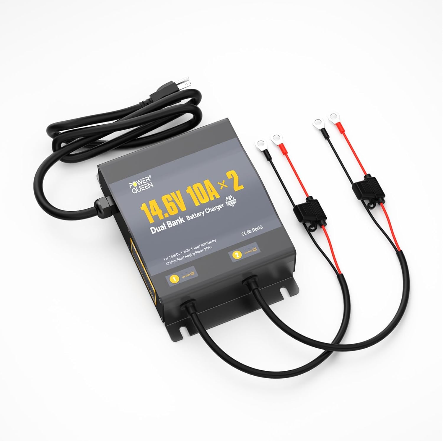 Power Queen 2 Bank Marine Battery Charger 20A (10A/Bank),Dual Smart Battery Charger, 12V LiFePO4 Batteries Charger Waterproof with LED Indicator for RV, Boat,Trolling Motor,Lithium & Lead Acid Battery