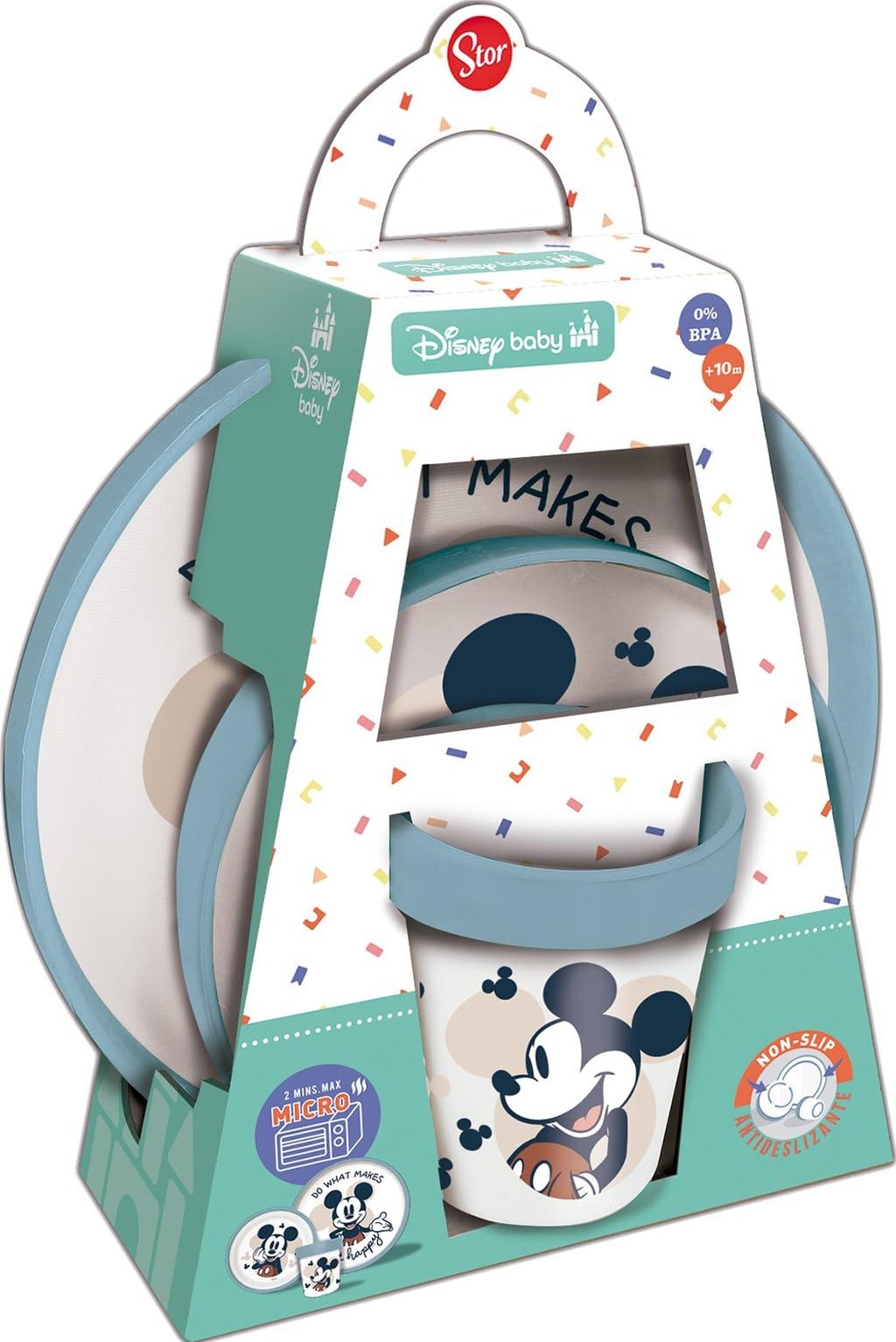 STOR Vaisselle Bébé Antidérapante Mickey Mouse - Set 3 Pièces Assiette Bol Gobelet 260ml - Plastique sans BPA Micro-ondes - Disney Baby