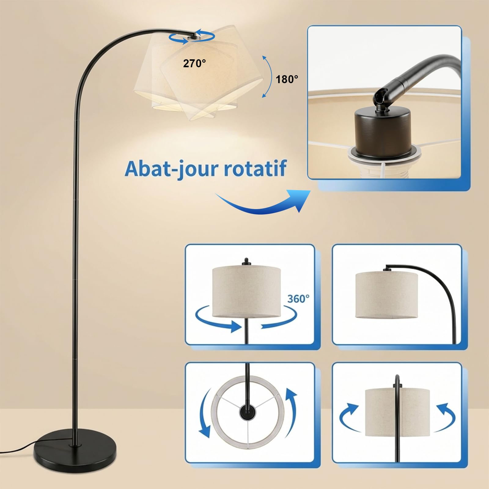Stehlampe Wohnzimmer, 161cm Bogenlampe, 270°Drehbarer Lampenkopf mit Verstellem Beigen Leinen-Lampenschirm & Fußschalter, Leselampe Stehleuchte für Wohnzimmer, mit 12W Dreifarben (Schwarz)