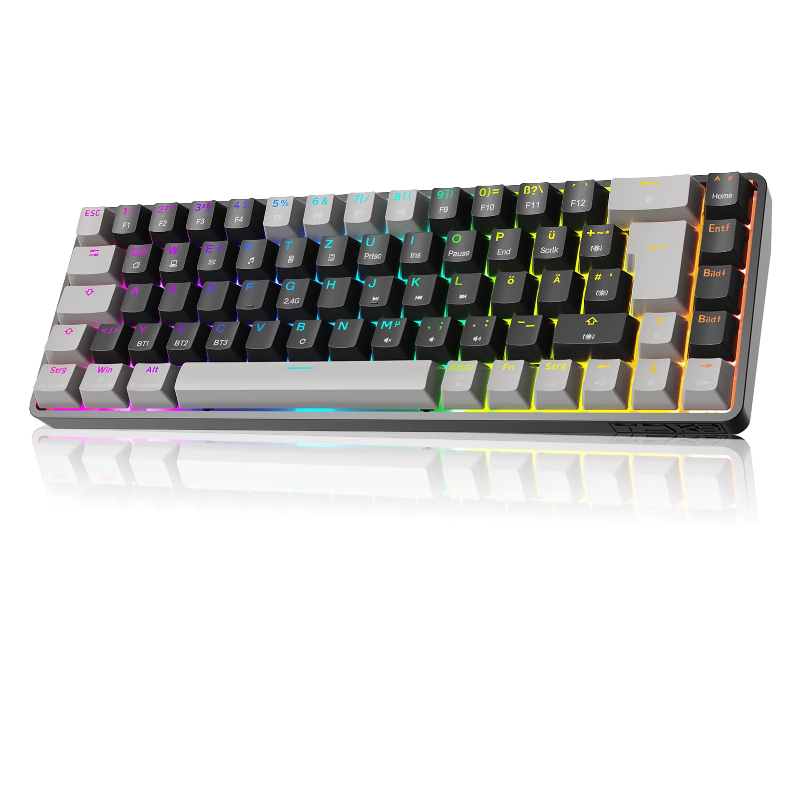 TMKB T68 Gaming Tastatur,60% Kabellos Mechanische RGB Tastatur mit Bluetooth/2.4G/Typ-C,Compact 68 Tasten Anti-Ghosting,Deutsches QWERTZ Layout (Grau/Schwarz, Blauer Switch)