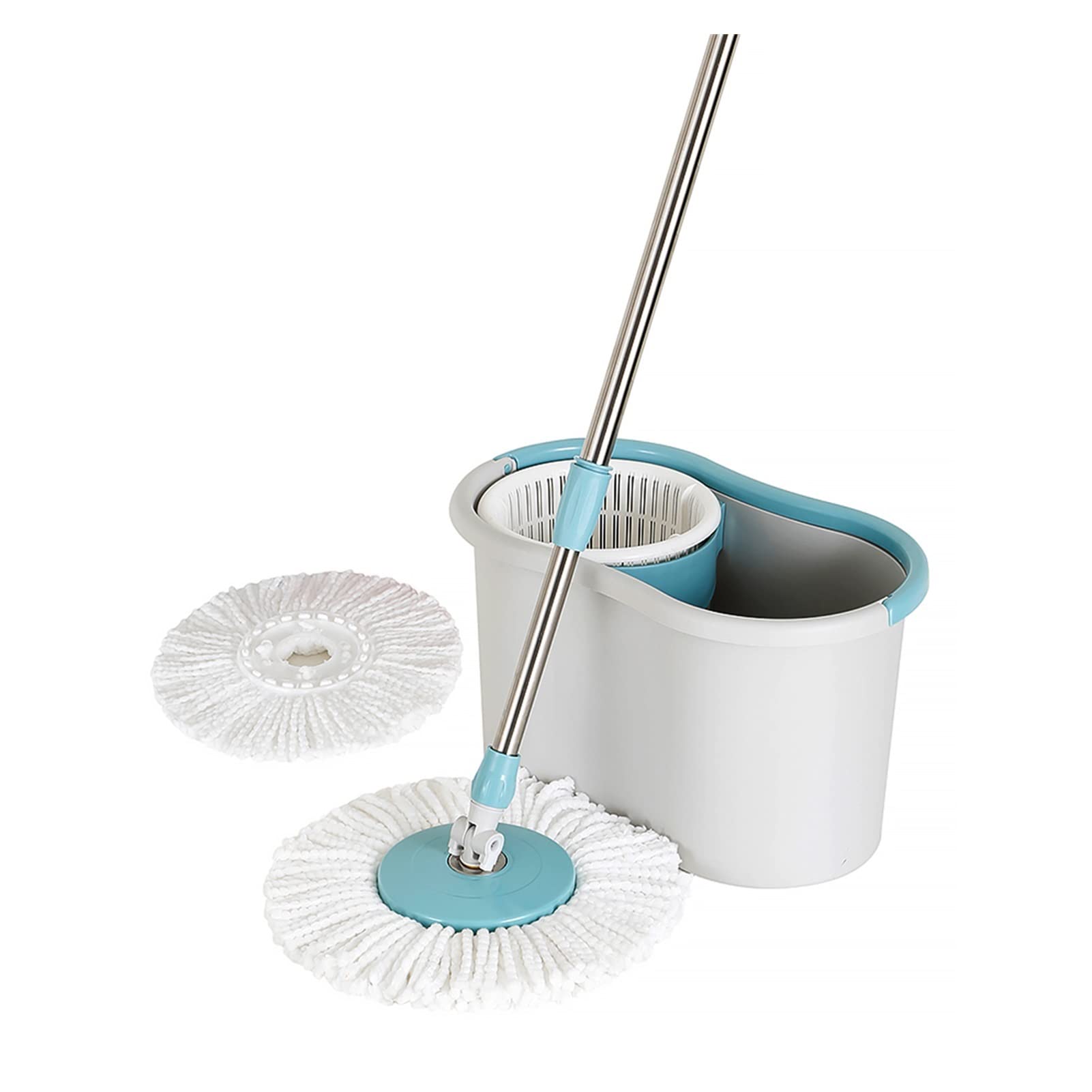 Juego de fregona y cubo giratorios Spin Mop y Bucket con juego de escritorios, sistema de limpieza de pisos, fácil pedal de pie, mango de fregona de acero inoxidable, 2 almohadillas de microfibra Freg
