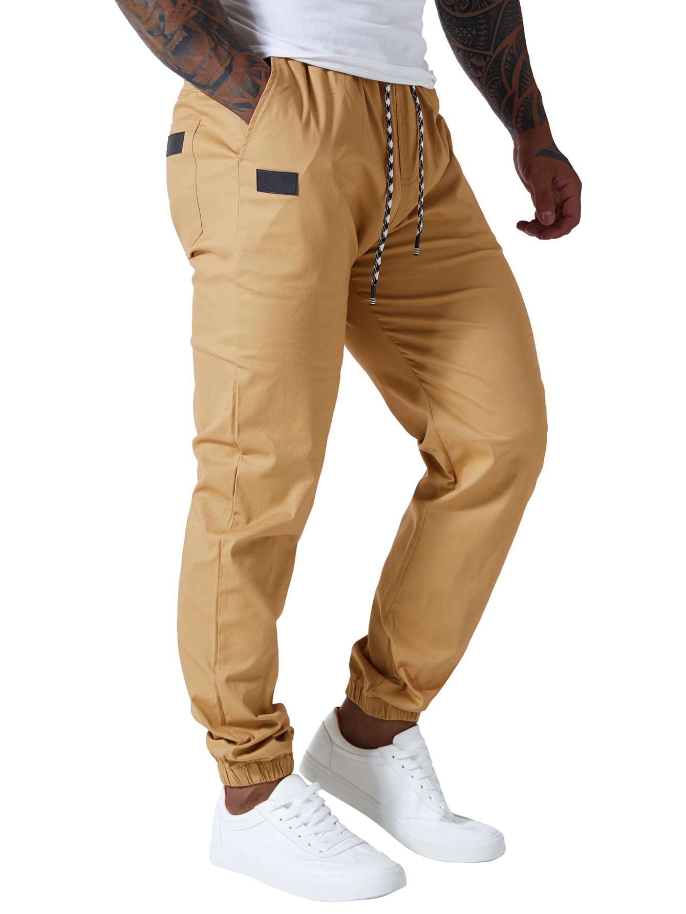 Punwet Men's Khaki Casual Cargo Pants Outdoor Hiking Jogging Pants Joggers Sweatpants Cotton Track Workout Pants, Medium