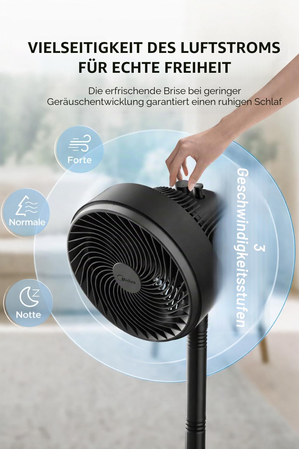Midea Standventilator FG18-22LAPHSE(BL) 6 Turbo-Flügel, geräuscharmer DC-Motor, 15 Geschwindigkeiten und 4 Modi, Oszillation 30°-120°, Timer 24h, Höhe verstellbar 78-110