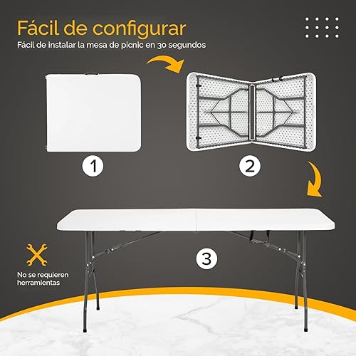 Miniatura 8 de Mesa plegable portátil de plástico resistente de 6 pies, mesa de comedor de plástico para interiores y exteriores, para campamento, picnic y fiesta,