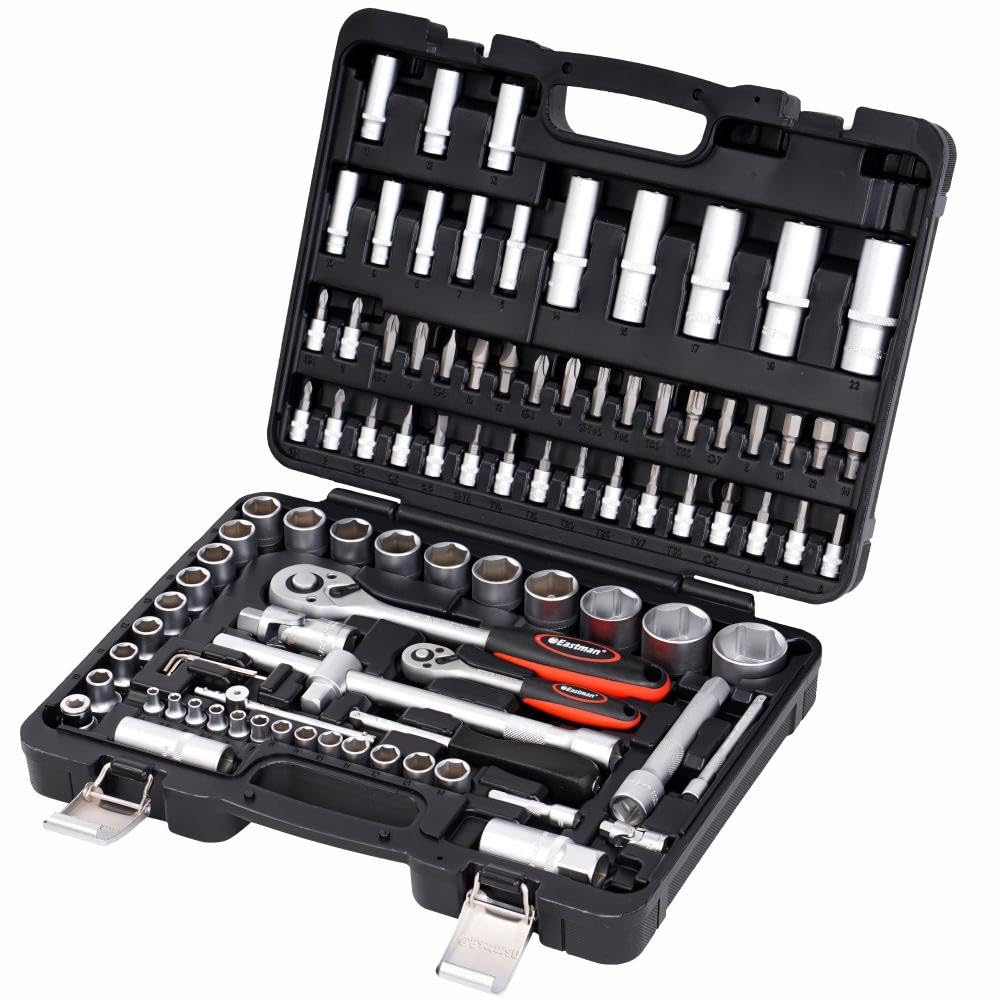 Eastman Tool Kit Ratchet (12.7 mm)1/2 Inch & (6.3) 1/4 Inch Sq. Drive 94 Pcs Socket & Bit Set, Tool Kit, Chrome Vanadium Steel, Knurled Sockets, Satin Finish,Heavy Duty Gripped Handle Ratchet (E-2301) (B09F9D6GWF) Amazon Price History, Amazon Price Tracker