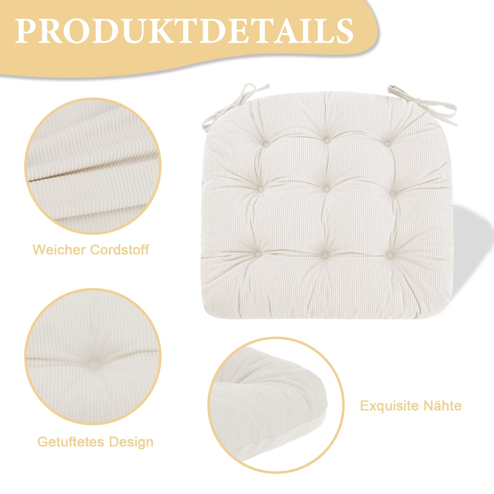 2er Set Stuhlkissen, 50x50x7 cm, Beige – Bequeme Sitzkissen aus Cordstoff und Kristallsamt mit Bindebändern, ideal für Esszimmer, Büro, Wohnzimmer und Gartenstühle, Hochwertige Füllung