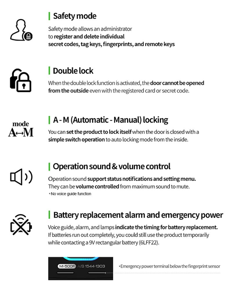 MI-500F Digital Rim Lock Biometric Fingerprint Notification Lamps Double Locking Manager Mode Trespass Alarm Battery Alarm High Temperature Warning product thumbnail 5