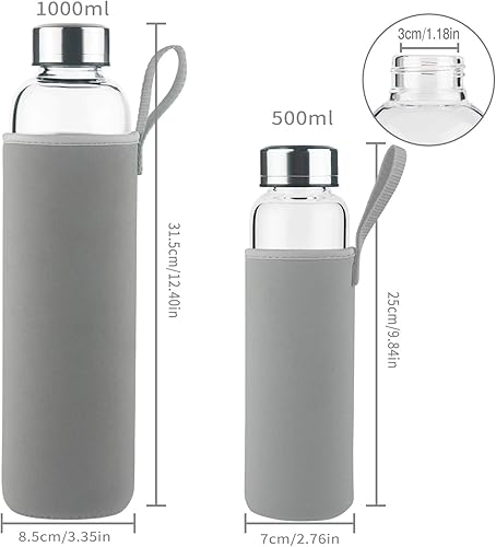Miniatura 5 de Botella de agua de vidrio de borosilicato, botella de vidrio deportivo con funda de neopreno y tapa de acero inoxidable de 16 oz32 onzas (32 onzas,