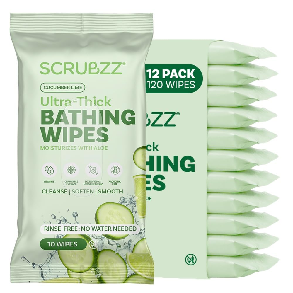 Extra Large Bath Wipes for Adults Bathing No Rinse - 120 Disposable Body Cleansing Wipes for Men, Women & Elderly - Great for Gym, Camping, Post