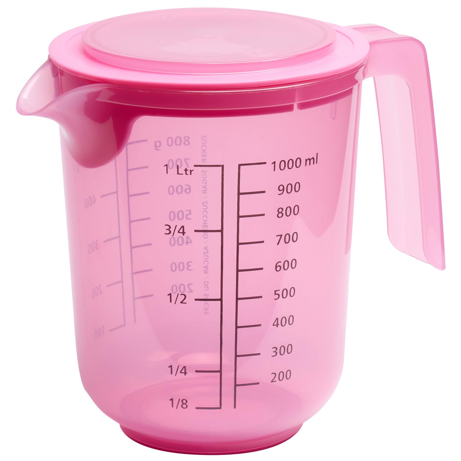 APS Rührbecher mit Deckel - Messbecher mit Maßskalen für Flüssigkeiten (l/ml), Zucker (g) und Mehl (g) / Volumen 1 Liter/Ø 12,5 cm/Höhe 16 cm