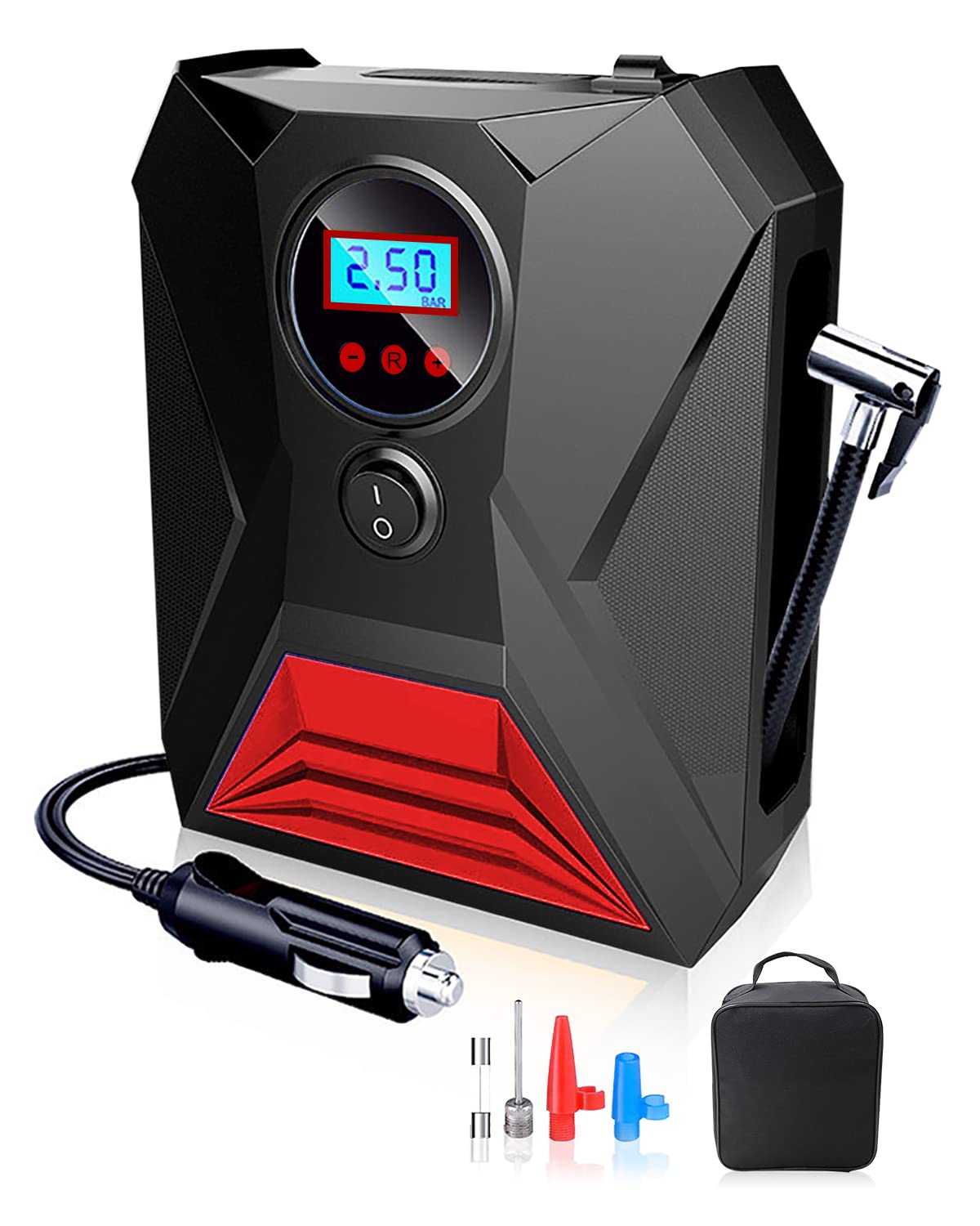 E-SMARTER Car Tyre Inflator Air Compressor, Protable Pump 12 V / 120W 150 PSI 10.5 Bar, Digital with 3 Nozzle Adaptors, LED Light, Fit for Car, Bicycle, Motorcycle, Ball, Red