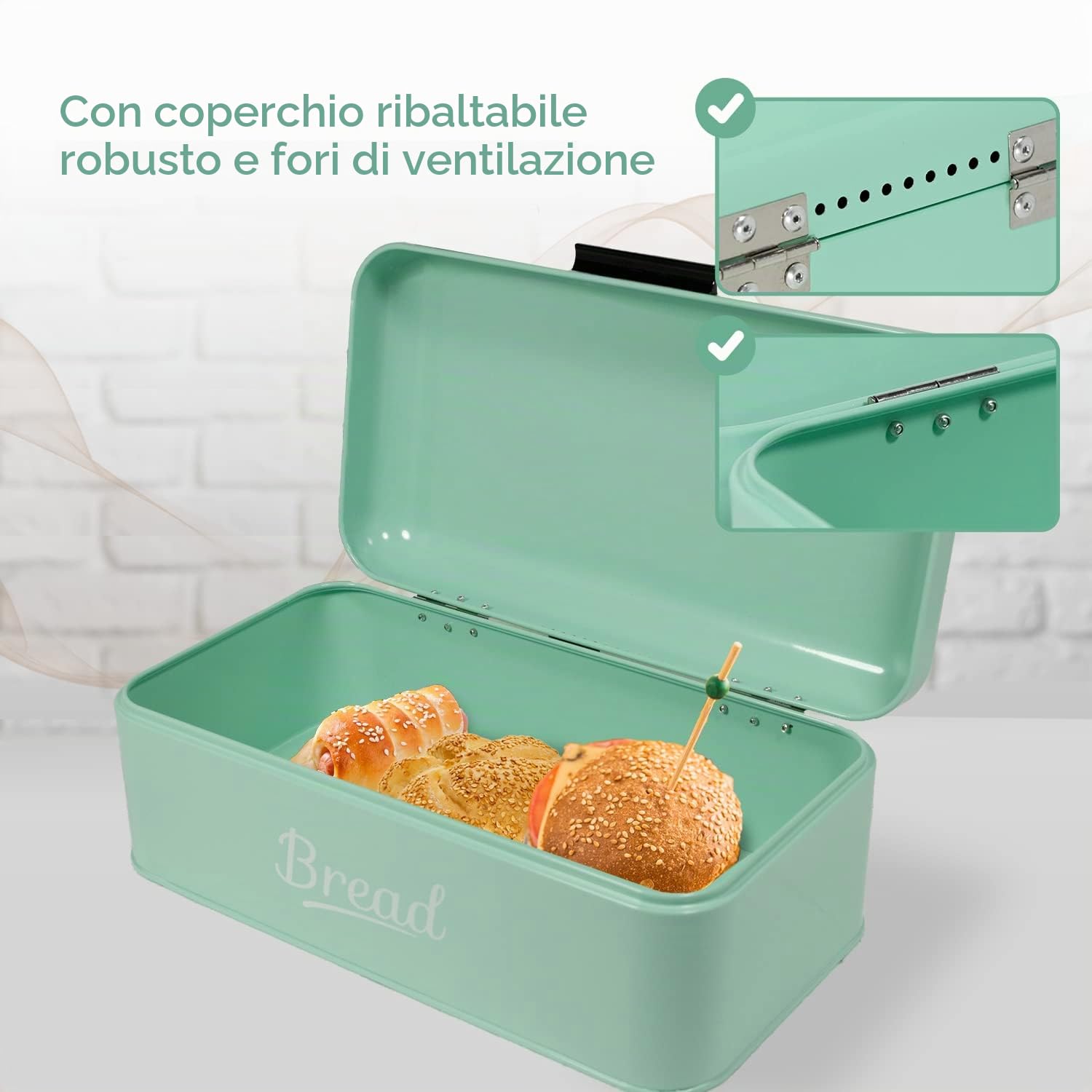 DRULINE Porta Pane Metallo Portapane Scatola Salvaspazio Cestino per Il Contenitore Conservazione Cucina Ufficio PIC-Nic di Alta qualità Verarbeitetes Metallblech Grande 16,5x42x23cm (L/B/H) Menta