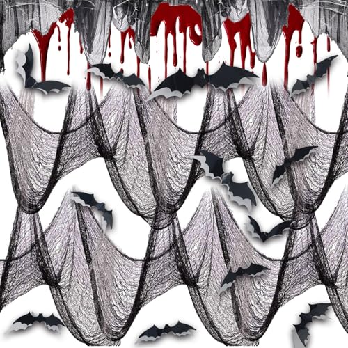 AN-WATTY Kit de Halloween Decoracion, 2 Piezas Tela Espeluznante de Negro + 24 pcs Halloween 3D Murciélagos Pegatinas Decoraciones, Decoracion Halloween para Chimenea, Ventanas, Mesa, Jardín