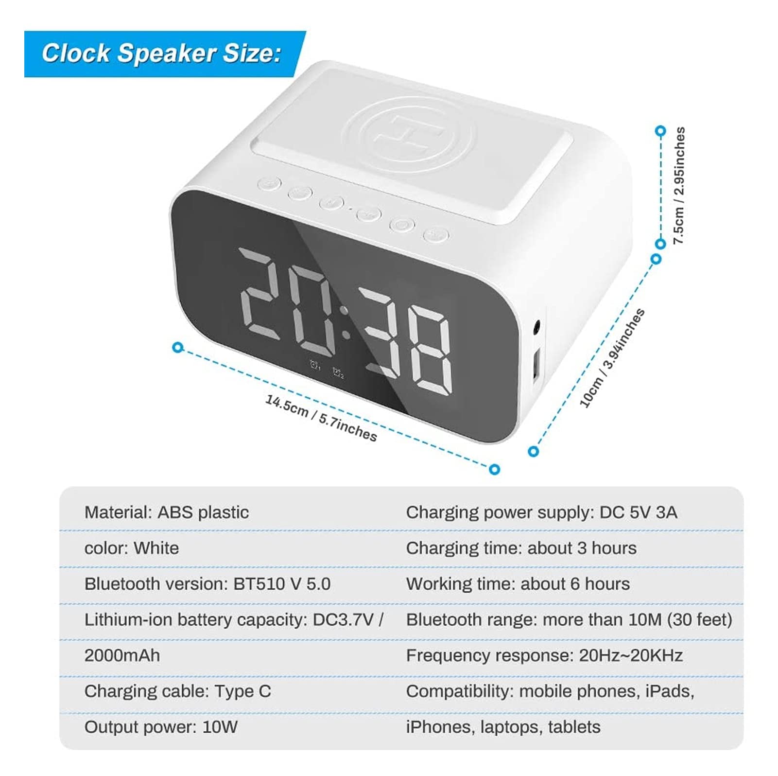 Radio de reloj despertador con altavoz, carga inalámbrica de alarma digital, espejo DIRIGIÓ Exhibir con USB Puerto, AUXILIAR Entrada, Llamada de manos libres for el dormitorio en la cama del hotel (bl