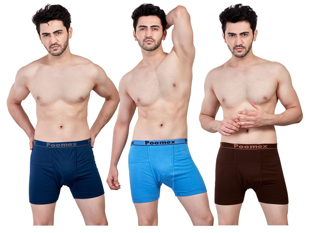 poomex Men's Cotton Comfort Pocket Trunks (Pack of 3) # Multicolour Each Pack # Double Layered Pouch # Classic Pattern with Pocket #-picture-37