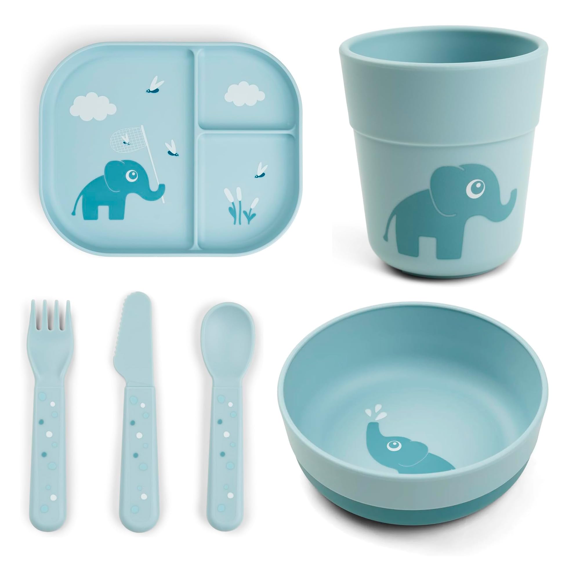 Done by Deer Kinder Geschirr Set – Teller, Schüssel, Trinkbecher & Besteck – Rutschfest, BPA-frei, Elphee Blau