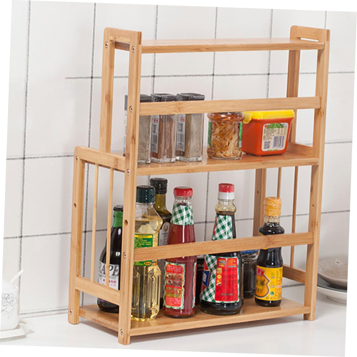 Mikikit Organizador de Especias de 2 Niveles que Ahorra Espacio de Bambú Beige, Estante Multifunción para Cocina Adecuado Lugar