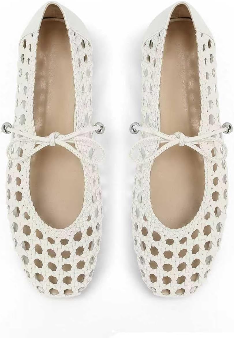 SOVANYOU Womens Ballet Flats Mesh Mary Janes Woven Flats Square Toe Strap Ballerina Flat Comfortable Dress Casual Flat Shoes