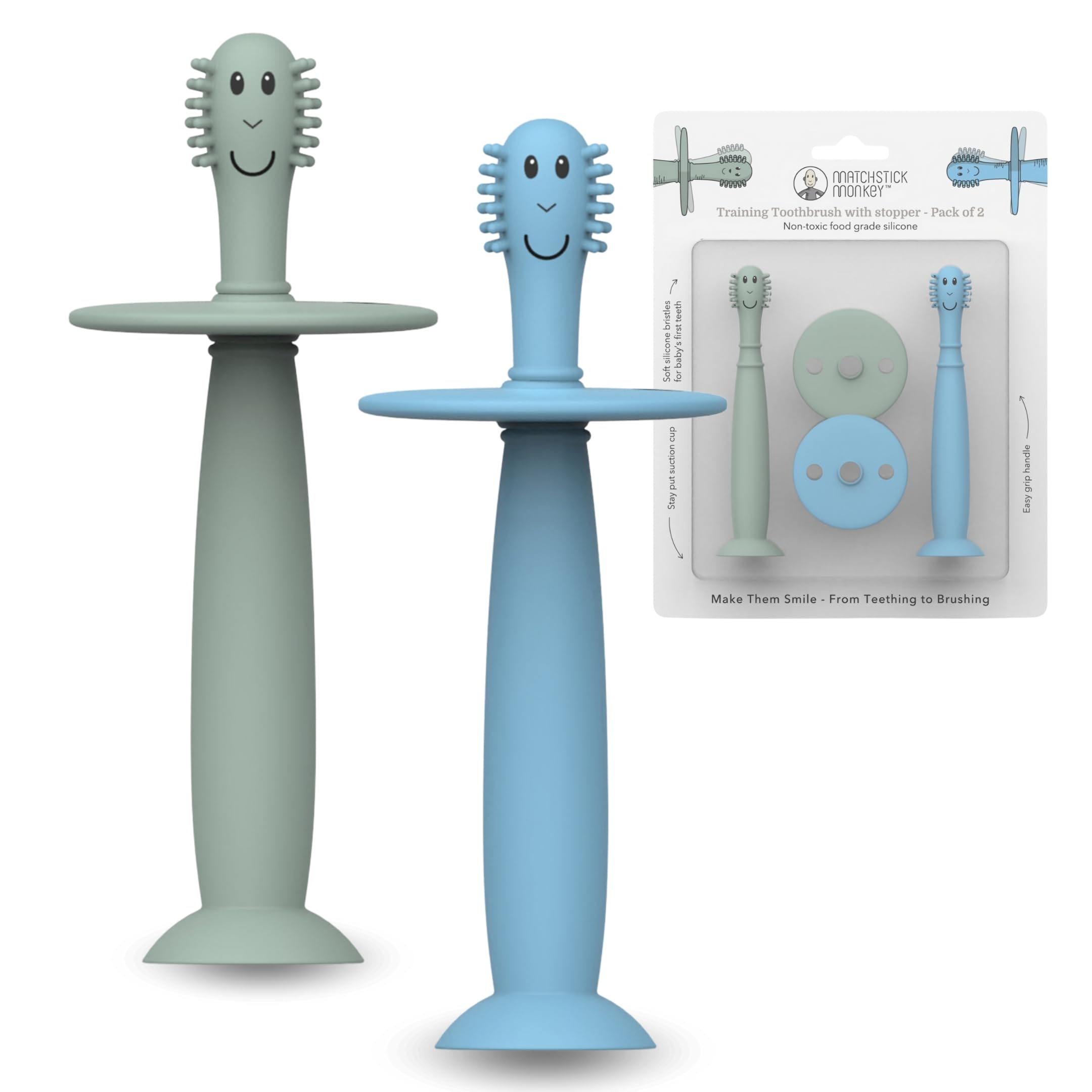 Matchstick Monkey Baby Trainingszahnbürste mit Sicherheitsstopp, 2er Set ab 3 Monaten, Silikon, BPA-frei, BioCote® antibakteriell, weiche Borsten, Zahnpflege Baby