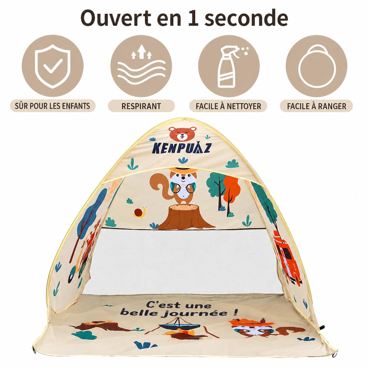 Grande Tente de Plage Pop Up 143x160x120cm – Abri Soleil Anti UV UPF50+ | Protection Enfant & Bébé – Respirant & Imperméable, Portable avec Sac de Rangement et Piquets, Motifs Animaux, Beige