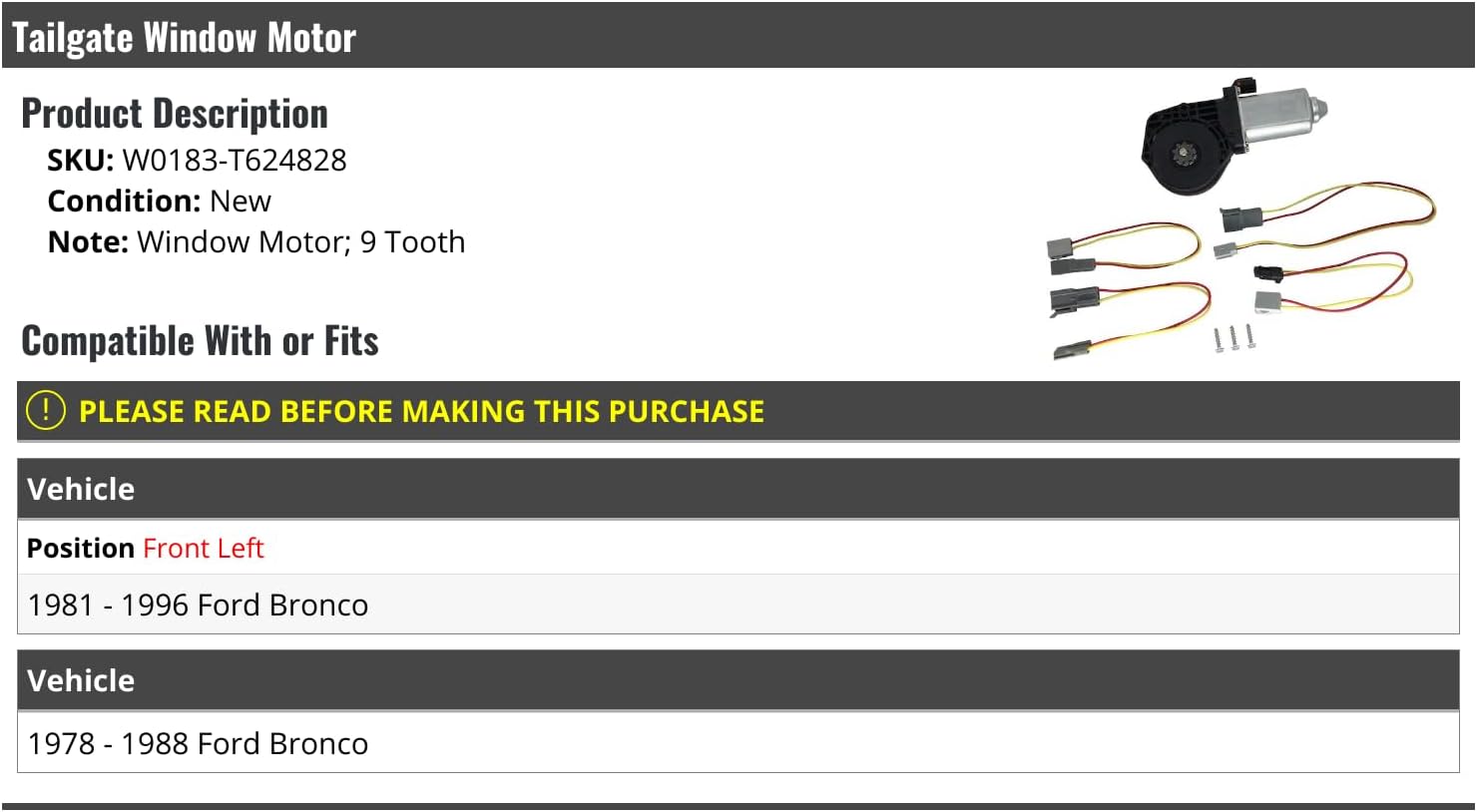 Tailgate Window Motor - 9-Tooth - Compatible with 1978-1996 Ford Bronco