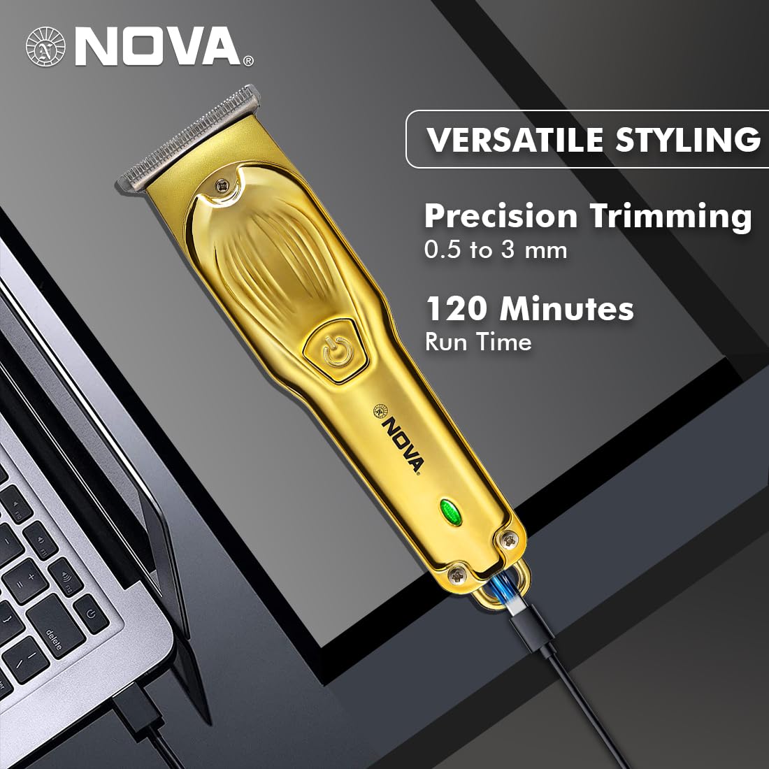 Man trimming his beard with the Nova NHT 1102 Trimmer, highlighting 120 minutes runtime