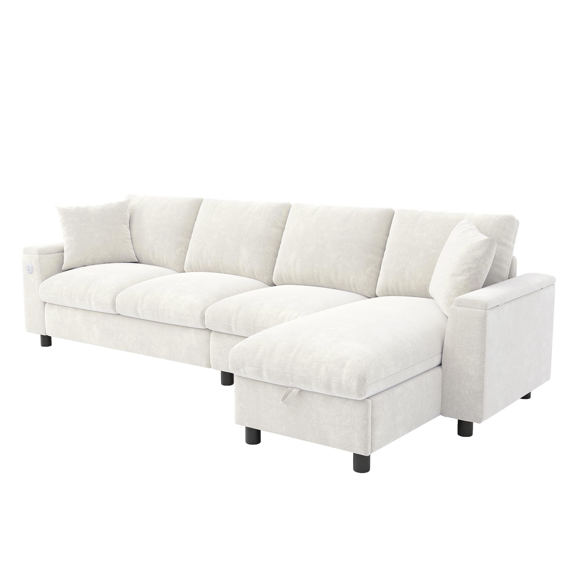 Sofa szenilowa w kształcie litery L z miejscem do przechowywania, rozkładany stolik kawowy z uchwytami na napoje, USB i typ C, montaż z lewej lub prawej strony, beżowy, sofa narożna