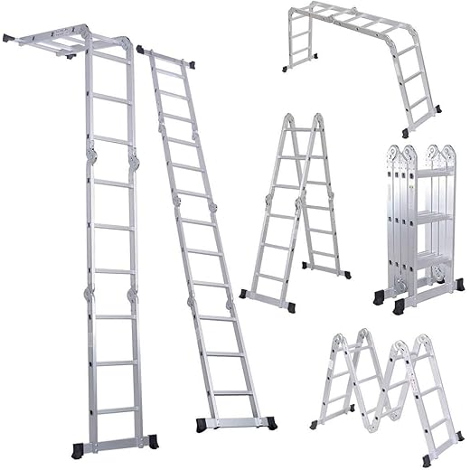 Comie 330lb 12.5ft Multi Purpose Aluminum Extension 7 in 1 Folding Step Ladder Foldable Lightweight Scaffold Ladder
