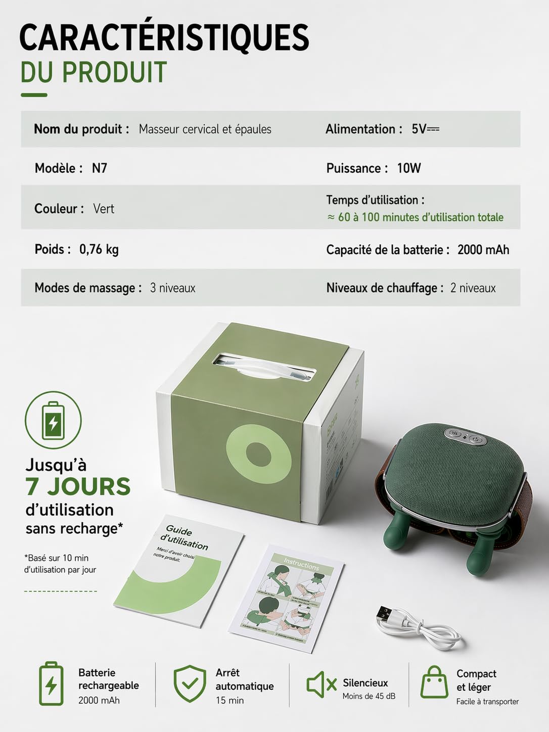 Masseur Cervical et Épaules Électrique – Massage Profond 3 Niveaux + Chaleur 2 Niveaux – Sans Fil Rechargeable 2000 mAh – Appareil de Massage Portable Cou, Dos, Jambes
