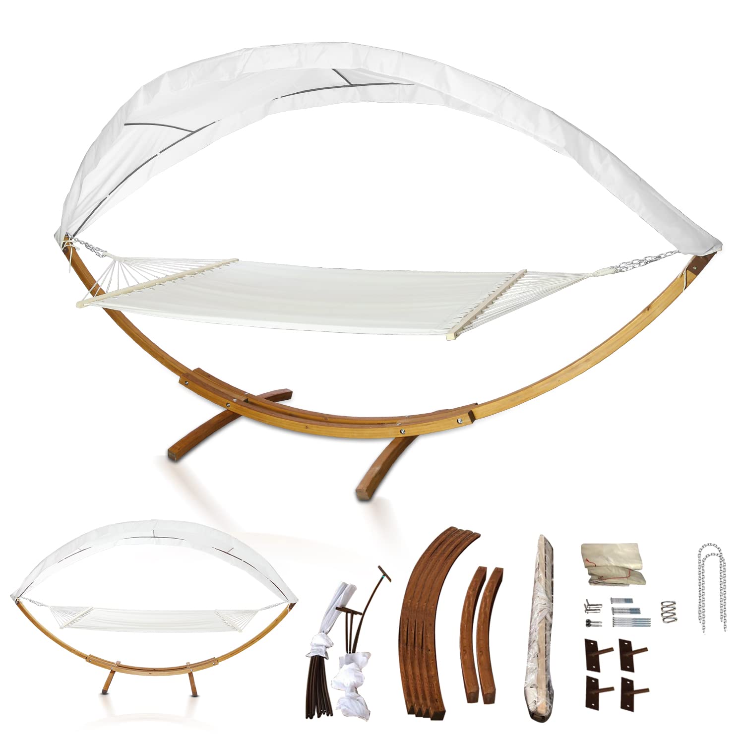 Fiqops Amaca XXL con telaio e tettuccio parasole, 410 cm, superficie 200 x 150 cm, hammock in legno di larice resistente alle intemperie fino a 200 kg, amaca per 2 persone per esterni e interni