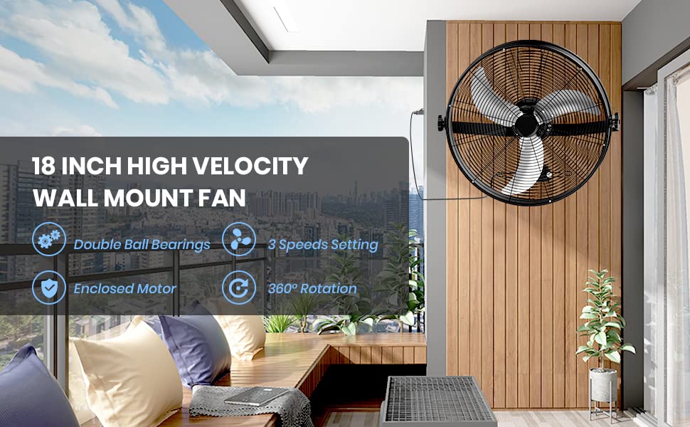 Ventilador de montaje en pared de alta velocidad de 18 pulgadas con estante, ventilador de ventilación de metal industrial/comercial de 3 velocidades, negro 7