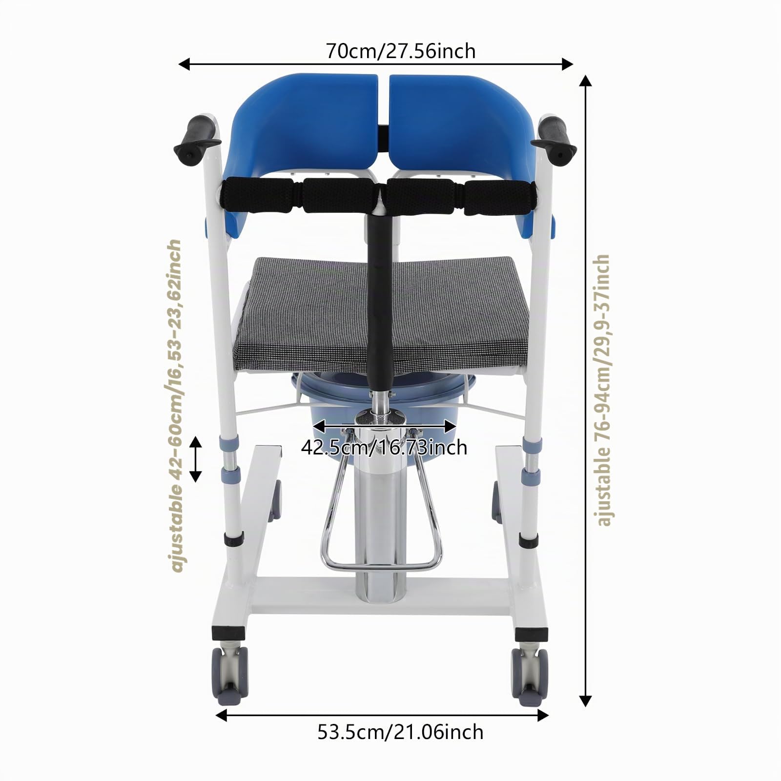 Chaise de transfert hydraulique pour patients avec une capacité de charge de 220 livres, système hydraulique réglable en hauteur et 4 roues TPE, freins inclus pour le soin des personnes en