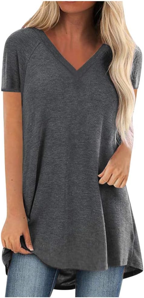 KKG Tops Tunics for Women to Wear with Leggings, Casual Loose Fit V Neck Short/Long Sleeves T Shirt