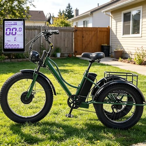 YMLUKzun Triciclo Eléctrico para Adultos De 24 Pulgadas Y 7 Velocidades, con Cesta Grande, Neumáticos Anchos, para Personas Mayores, Pantalla LCD,48 ​​v 15 Ah, Autonomía De 65 Km Green