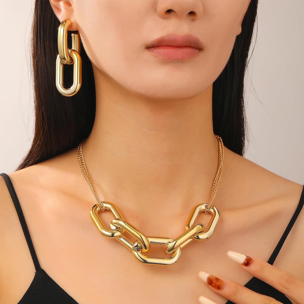 Gold Chunky Acrylic Jewelry Set for Women,Paperclip Chain Link Choker Necklace,Trendy Thick Chain Dangle Earrings Prom Cocktail Jewelry Accessories - Image 2