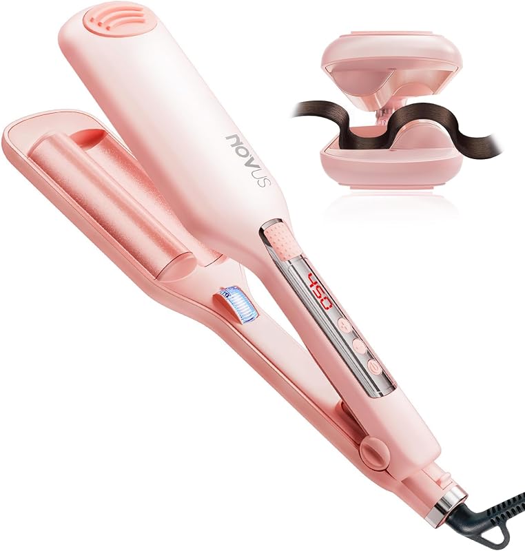 Beach Waves Curling Iron, Ionic 2 Barrel Hair Crimper Wand for Women, Ceramic Anti-Scald Waver with Adjustable Heat, 1.1 Inch Pink, Easy to Use for Long-Lasting Shiny Curls