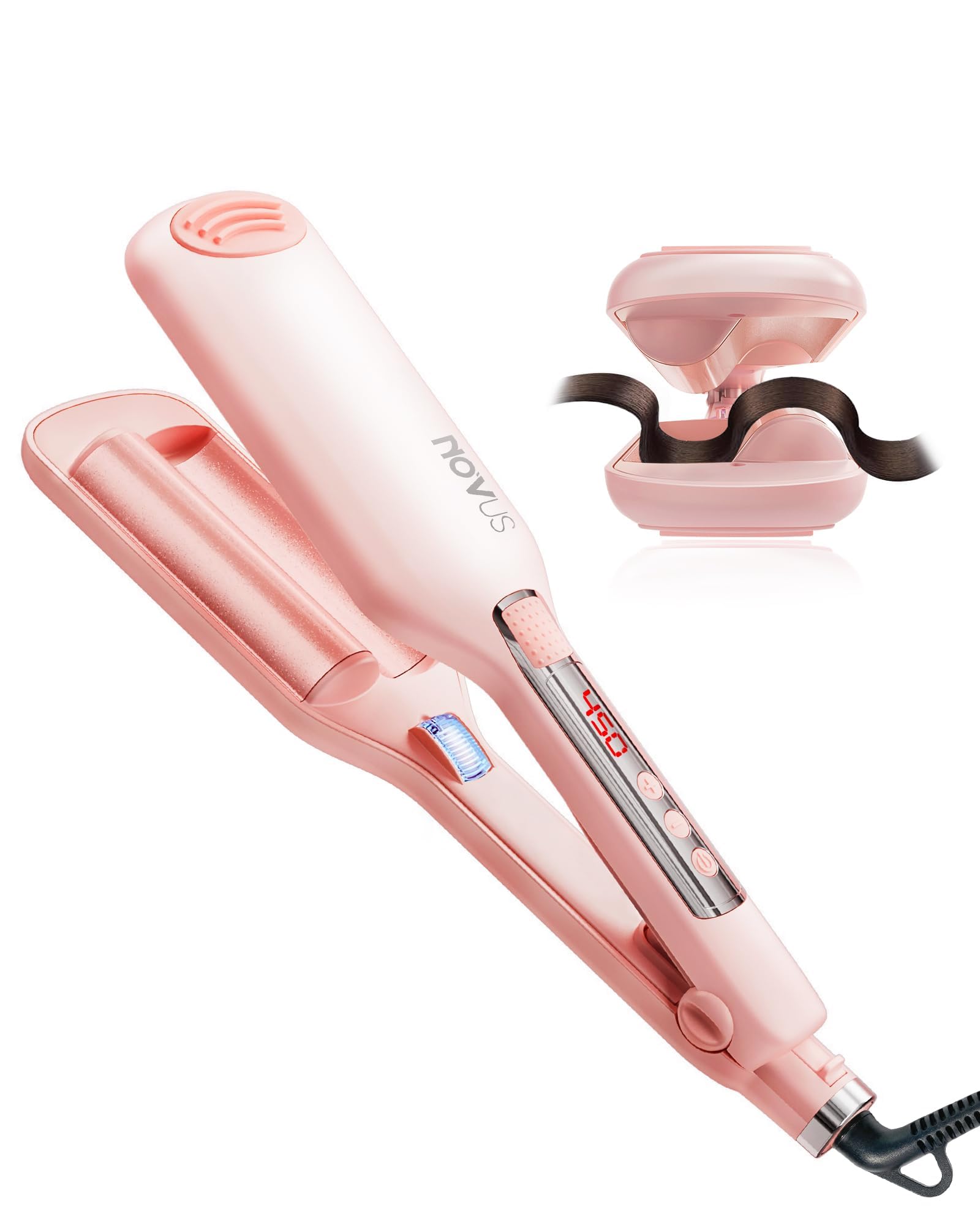 NOVUS Beach Waves Curling Iron, Ionic 2 Barrel Hair Crimper Wand for Women, Ceramic Anti-Scald Waver with Adjustable Heat, 1.1 Inch Pink, Easy to Use
