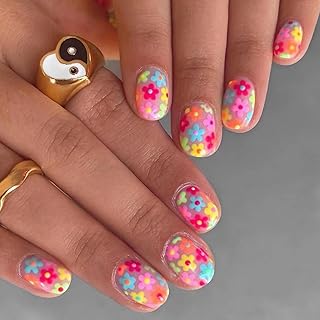 Summer Press on Nails Short Petite Fake Nails Full Cover Colorful Flower Designs Acrylic Nails Cute Square Stick on Nails Glossy Gel Glue on Nails for Women Girls Holiday Manicure 24pcs