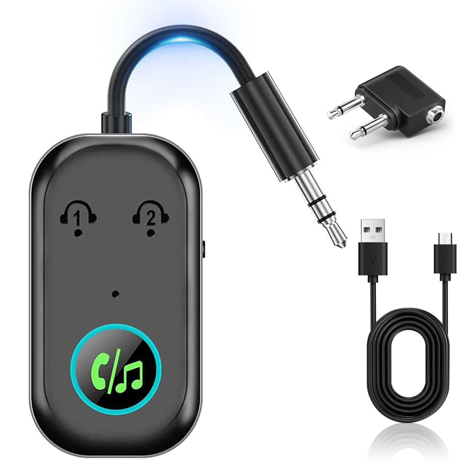 Adaptador Bluetooth 5.3 2 en 1 Transmisor Receptor, Conector AUX 3,5 mm, Conexión Dual & Reducción de Ruido CVC, Carga Tipo C para Avión, TV, Coche, Auriculares y Altavoces