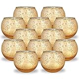 Just Artifacts 2-Inch Round Speckled Mercury Glass Votive Candle Holders (Gold, Set of 12)