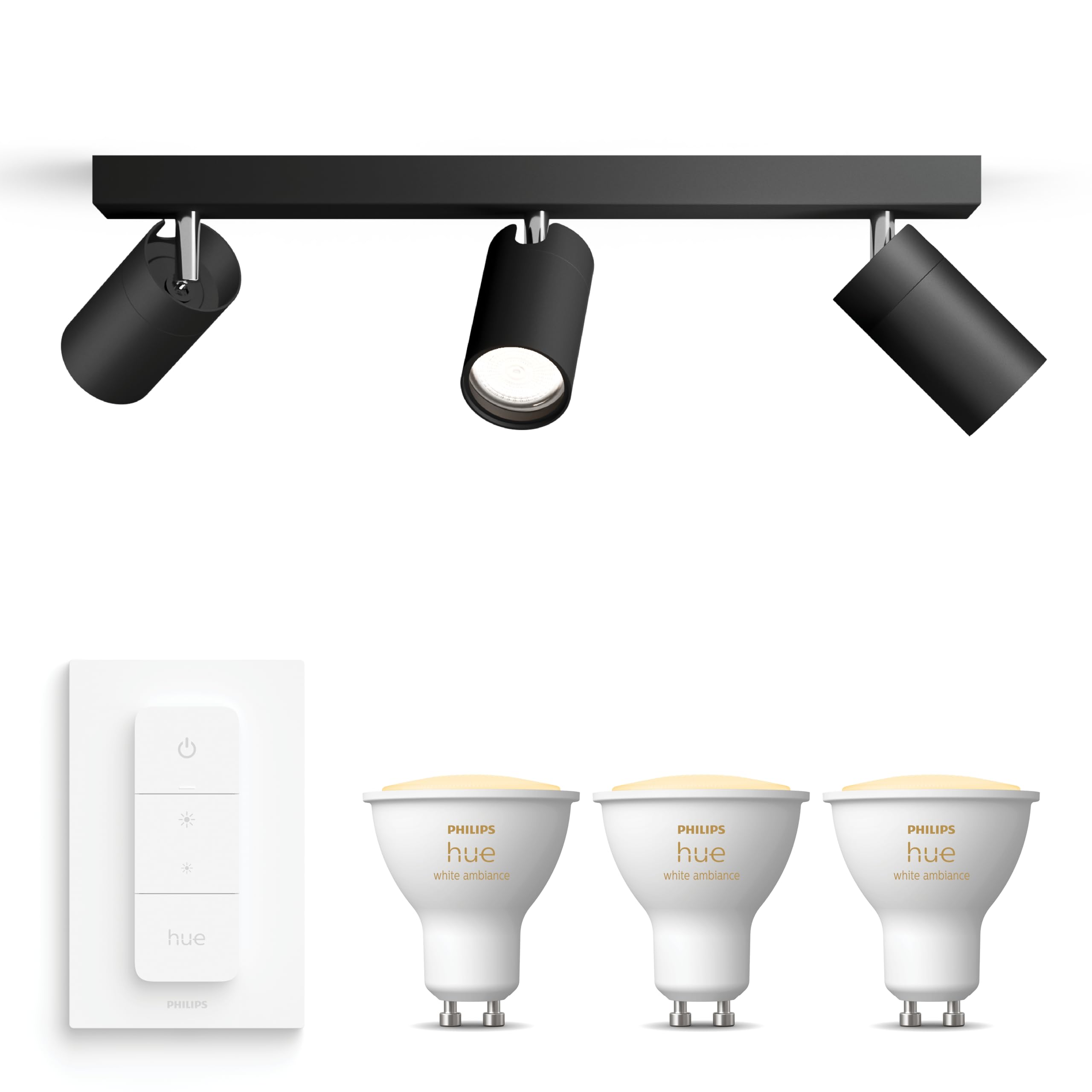 Philips Hue Idris - Faretto da incasso (nero), lampada da bagno, luce bianca calda a fredda, con interruttore dimmer Hue, faretto da soffitto a 3 luci, GU10, Hue White Ambiance