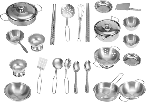 Kids Kitchen Pretend Play Toys Stainless Steel Cookware Set Cuttable Toddler Pot Pan Playset Educational Learning Tools Kids Cooking Cut Food 25Pcs